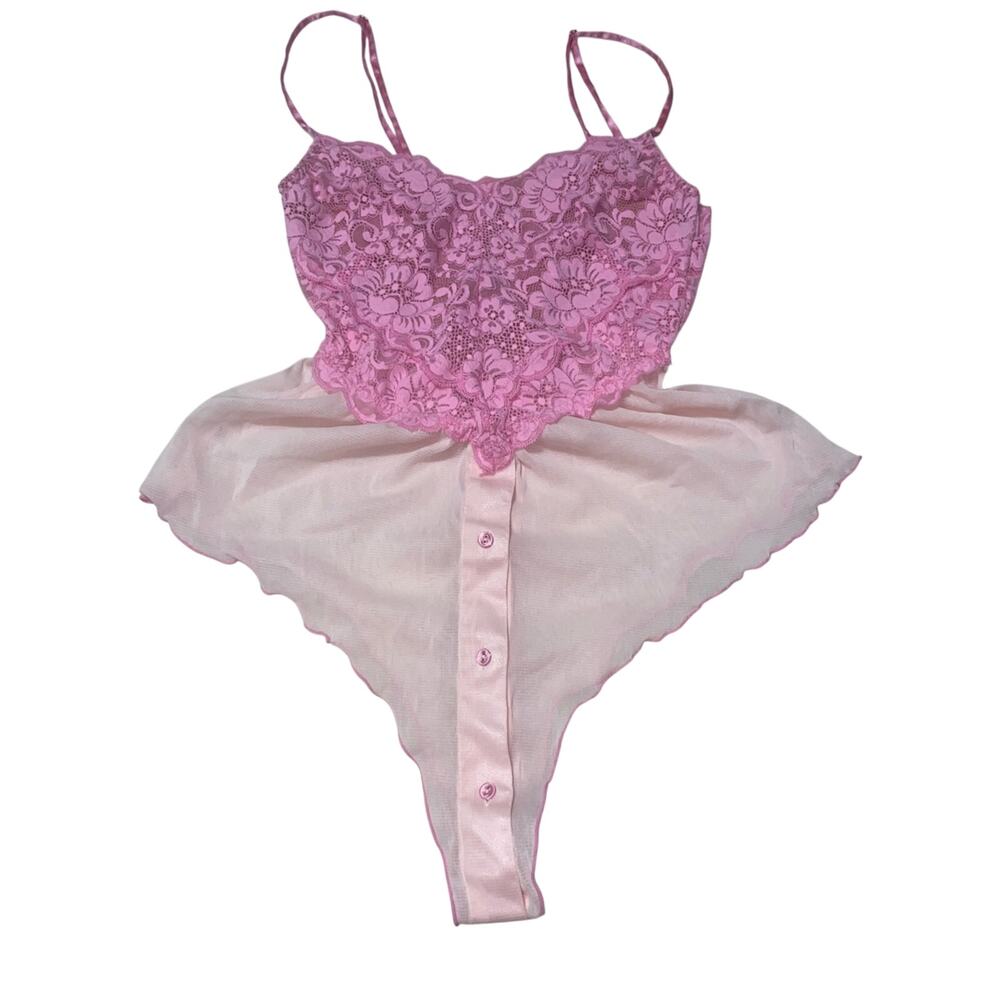 HAH hot as hell vintage style Pink Lace Trim sheer bottom w/ buttons Bodysuit S